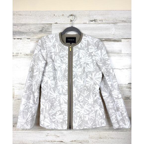 Lafayette 148 New York Womens 4 Tan Cream Cotton Botanical Print Zip Jacket NEW